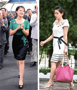 北朝鮮住民のファッションが変化している。北朝鮮女性のファッションをリードする李雪主夫人（写真左）。かかとが高い“キルヒール”も流行している（写真右）。（写真＝中央フォト）