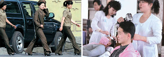 ＝朝中国境地域の女性軍も小銃を身につけ、ハイヒールを履いて巡察している（写真左）。複合文化センターのチャングァンウォンでは、最新のスタイルを求める男性で混み合っている（写真右）（写真＝中央フォト）