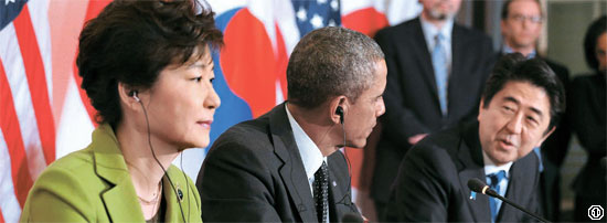 専門家が選んだ韓国外交の惜しまれる場面・発言…（１）ハーグ３者会談＝３月に米国の仲裁で韓日首脳が会ったが、朴大統領は安倍首相の韓国語のあいさつにも応じなかった。専門家の評価＝「第３国の人たちも韓国があまりにも硬直していると評価した。日米外交関係者はこれを衝撃的に受け止めた」