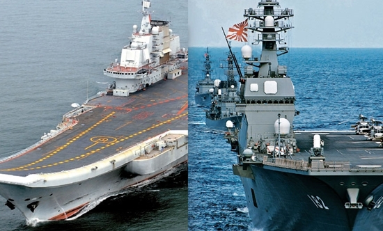 中国の空母「遼寧」（左）、日本海上自衛隊の護衛艦「いせ」