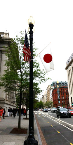 安倍晋三首相の訪米を翌日に控えた２５日（現地時間）、米ワシントンのあちこちで星条旗と日章旗が並んでいる。