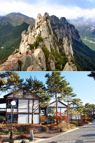韓国北東部の江原道（カンウォンド）にある雪岳山（ソラクサン）は、生い茂る緑や渓谷など美しい景観が楽しめる登山の名所。近隣の｢周成（チュソン）リゾート（写真下）｣を利用すると客室から雪岳山の雄大な姿が窺える他、森林浴をしながらのんびりと過ごすこともできます。  