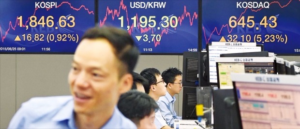 グローバル証券市場下落の中で韓国の株式市場が反騰に成功した２５日ソウル中区（チュング）外換銀行本店ディーリングルームでディーラーたちが忙しく業務を見ている。