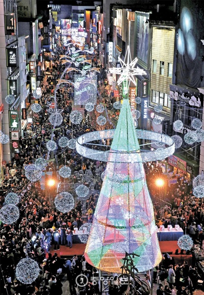 写真 大通りを飾ったクリスマスツリー 韓国 釜山 Joongang Ilbo 中央日報