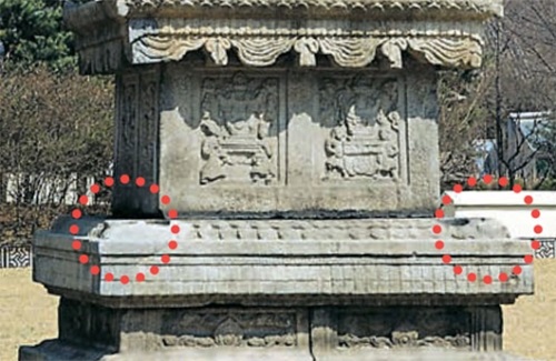 獅子像があった智光国師塔の基壇部（赤い円）。