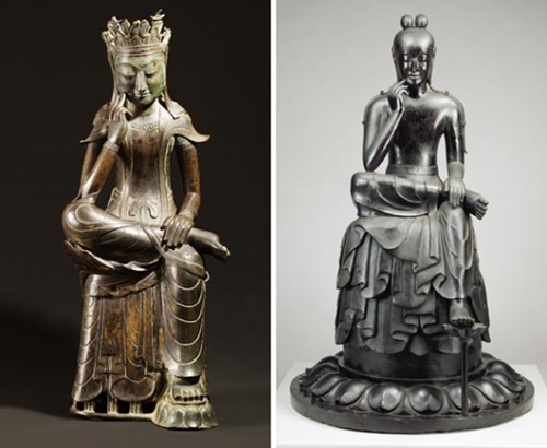 韓国の金銅半跏思惟像（左）と日本の木造半跏思惟像。（写真＝国立中央博物館）