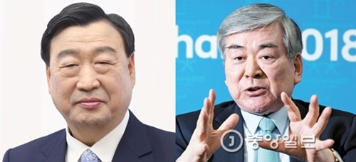 李熙範氏（左）と趙亮鎬韓進グループ会長（右、中央フォト）。趙亮会長は３日、平昌五輪組織委員長から退いた。
