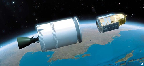２月に軌道へ向かう探査船の想像図。４段ロケットは探査船に推進力を与えた後に離れる。（写真＝韓国航空宇宙研究院）