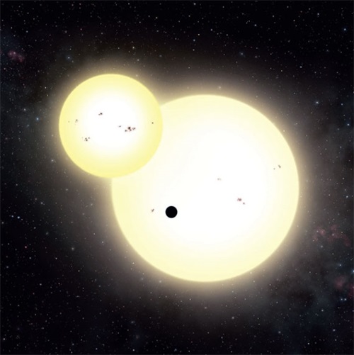 ２つの太陽とケプラー１６４７ｂ（中央の黒い点）がともに描かれた想像図。（写真提供＝ＮＡＳＡ）