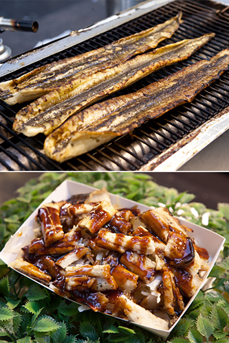 うなぎを豪快に焼き上げた「うなぎ焼き（チャンオクイ、１０，０００ウォン）」は、タレをたっぷりかけていただきます。高級食材を手軽にスナック感覚で食べられると話題のメニュー。