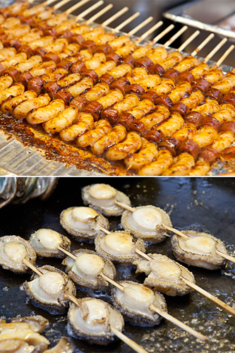 他にも高価な海産物を使ったメニューが続々。エビのバター焼き（ボトセウクイ、４，０００ウォン）や、アワビのバター焼き（ボトチョンボックイ、１０，０００ウォン）は、香ばしいバターの香りが食欲を刺激します。