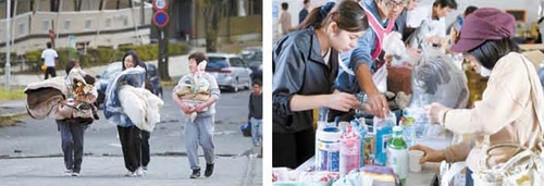 ４月の熊本地震当時、大学生が毛布や食糧を持って臨時避難所へ向かっていた。右側の写真はボランティアメンバーが臨時避難所で活動している様子。（写真＝中央フォト）
