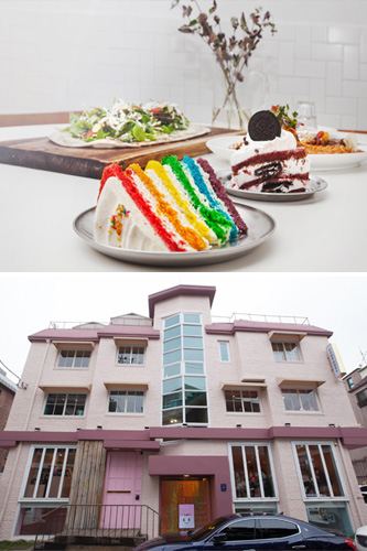 レインボーケーキで知られる「ＤＯＲＥ　ＤＯＲＥ　新沙店」。「ＤＯＲＥ」はフランス語で黄金という意味で、訪れた人の心を明るく照らすくつろぎの空間を目指しているそう。１階はカフェ、２～４階はレストランなので、カロスキルランチにもオススメ。