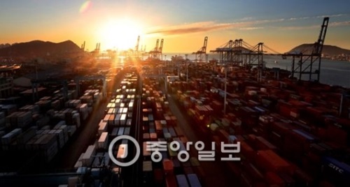 昨年１２月３０日、韓国の代表的な輸出入コンテナ専用埠頭である釜山港戡蛮埠頭の日の出。