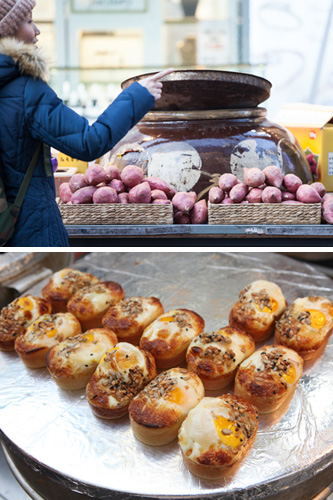 寒い時期に恋しくなるホカホカの焼き芋（３，０００ウォン）や、玉子とナッツが入った甘じょっぱいケランパン（２，０００ウォン）は、あったか屋台おやつの代表的存在です。