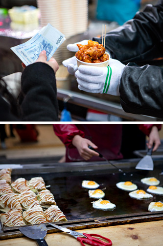 甘いおやつだけでなく、「韓国式唐揚げ（タッカンジョン）」（３，０００ウォン、写真上）や「キャベツ入りオムレツ（ヤンベチュオムルレッ）」（５，０００ウォン）など食事系まで幅広く揃う屋台グルメの宝庫・明洞。韓国旅行中、明洞で食べ歩きを満喫してみては？