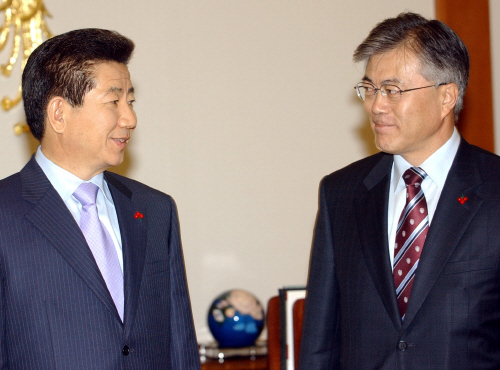 ２００３年当時の盧武鉉大統領（左）と民情首席秘書官時代の文在寅大統領（写真＝中央フォト）
