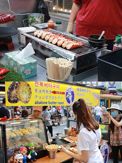 Ｂ級グルメにとどまらず、（写真上から）「ロブスター焼き（ラッストークイ、１５，０００ウォン）」や「あわびバター焼き(チョンボッボトクイ、１０，０００ウォン）」などバラエティー感が増す明洞の屋台グルメ。その中から、秋の味覚をキャッチしてきました。  