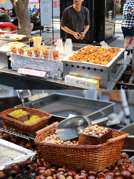 （写真上から）韓国でも定番のほっこりおやつ「大学芋（マッタン、３，０００ウォン～）」や「焼き栗（クンパム、５，０００ウォン）」、もっちりとした食感が魅力の「焼き銀杏（クヌネン、５，０００ウォン）」も外せません。