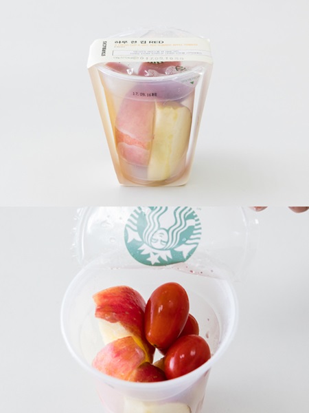また、スターバックスからも生フルーツが入った｢Ａ　ｆｒｅｓｈ　ｃｕｐ　ａ　ｄａｙ｣（２，６００ウォン）が販売中。皮付きのカットりんごと、プチトマトが入っています。旅行の途中に立ち寄り、気軽にビタミン補給をしてみては？