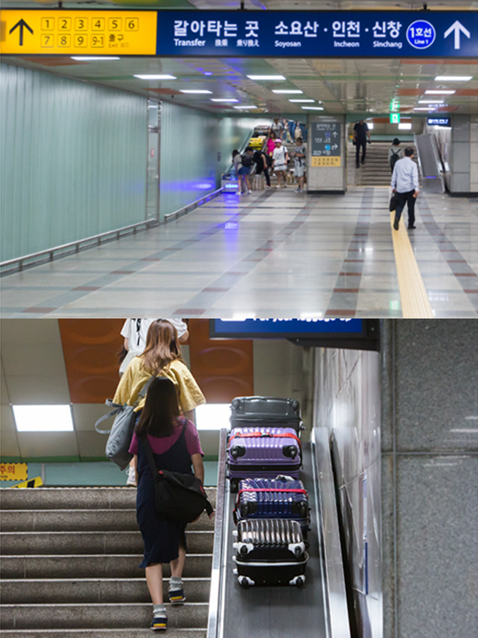 ソウル駅構内の空港鉄道ＡＲＥＸ（エーレックス）と地下鉄１・４号線間の乗り換え通路に、荷物用のベルトコンベアが９月から導入されました。スーツケースを持ち上げての階段昇降が大変だった約５分の移動がぐっと楽になりました！