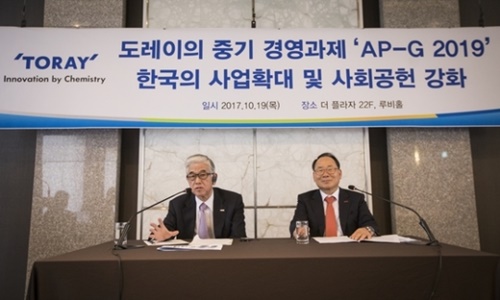 東レの日覚昭広社長（左）と韓国東レの李泳官会長が先月１９日にソウルで行われた記者懇談会で質問に答えている。東レは２０２０年までに韓国に１兆ウォンをさらに投資する。（写真＝韓国東レグループ）