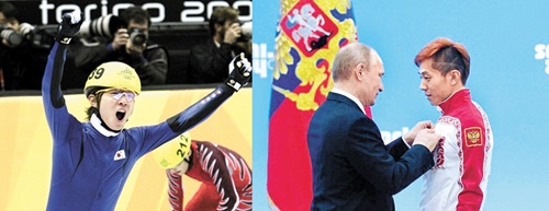 ヴィクトル・アンは２００６年トリノ五輪では太極マークを付けて金メダルを獲得した。（写真左）、２０１４年ソチ五輪ではロシアの選手で金メダルを獲得し、プーチン露大統領から勲章を授かった。