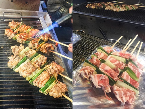 韓国に来たら食べたいサムギョプサルは明洞の屋台でネギとあわせて串焼きで。味は辛口と普通の２種から選べます（１串４，０００ウォン）。