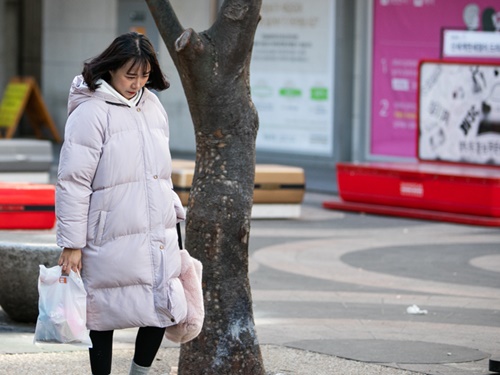 街中では、保温性が高いことで去年から引き続き人気のロングダウンコートを着ている人が多く見られました。着こなしやすいブラックや、注目色のピンクを着用する人も。
