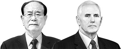 金永南（キム・ヨンナム）北朝鮮最高人民会議常任委員長（左）、ペンス米副大統領（右）