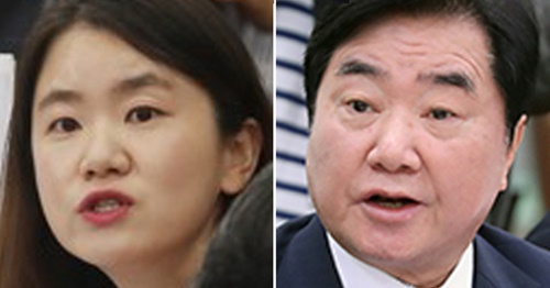自由韓国党の申普羅院内報道官（左）と共に民主党の李錫玄議員（右）。（写真＝中央フォト）