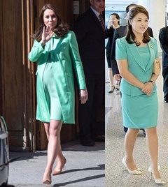 キャサリン妃が妊娠当時に着ていたミント色ツーピース（左）、新しく完工した平壌順安国際空港に訪問した李雪主氏。