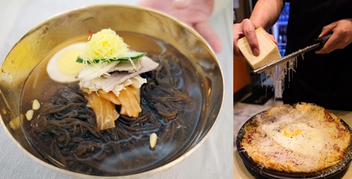 平壌（ピョンヤン）「玉流館（オクリュクァン）」の冷麺（左）、スイス料理レシュティ（右）