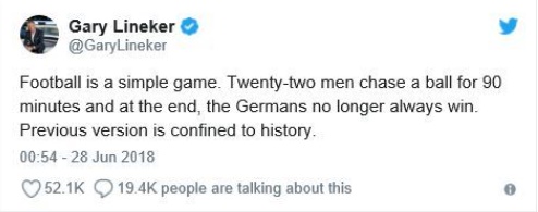 ２８日、韓国－ドイツ戦後にリネカー氏がツイッターに載せたサッカーの定義（写真＝ツイッター）