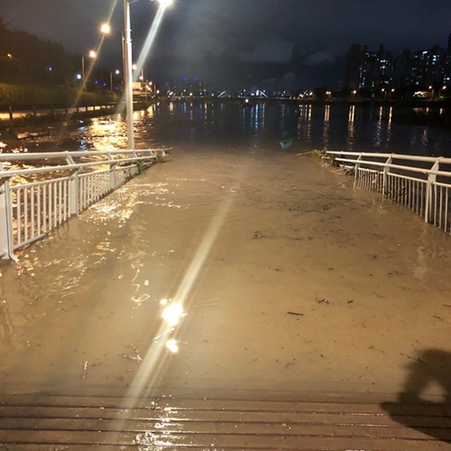 ２８日午後の豪雨で氾濫した中浪川。（写真＝読者提供）