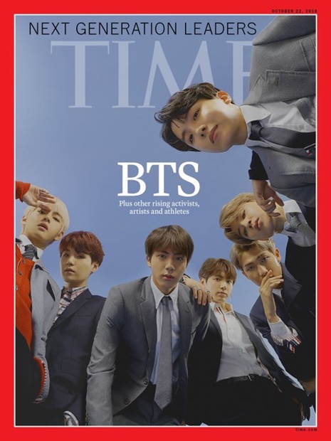 タイムズ紙の「次世代リーダー（Ｎｅｘｔ　Ｇｅｎｅｒａｔｉｏｎ　Ｌｅａｄｅｒｓ）」に選ばれ、最新号の表紙を飾った韓国の男性アイドルグループ、防弾少年団（ＢＴＳ）。