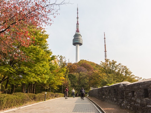 「Ｎソウルタワー」がそびえる「南山（ナムサン）公園」も、木々が色づき始め、すっかり秋の風情。