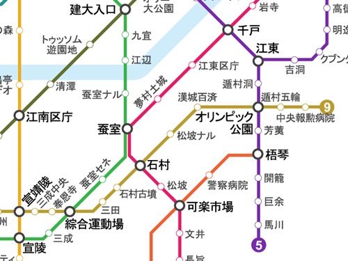総合運動場駅から東へ、中央報勲病院（チュンアンポフンピョンウォン）駅までの８駅（約９．２ｋｍ）が新しく誕生！韓流イベント・Ｋ－ＰＯＰコンサートなどが頻繁に開催されるオリンピック公園駅も通ります。