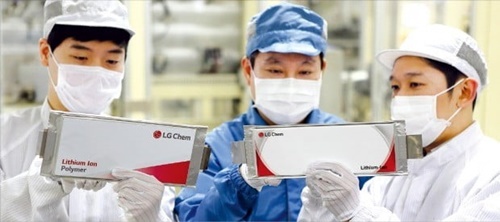 ＬＧ化学従業員が忠清北道梧倉のバッテリー工場で生産された二次電池製品をチェックしている（写真＝ＬＧ化学提供）