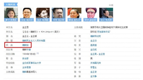 中国検索エンジン「百度百科」の北朝鮮の金正恩国務委員長の「民族」の項目が「朝鮮族」になっている。（写真＝百度百科キャプチャ）