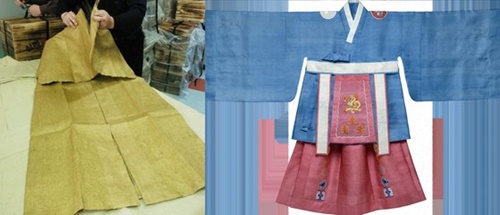 麻の寿衣（左）と朝鮮時代の伝統寿衣の復元（中央フォト）