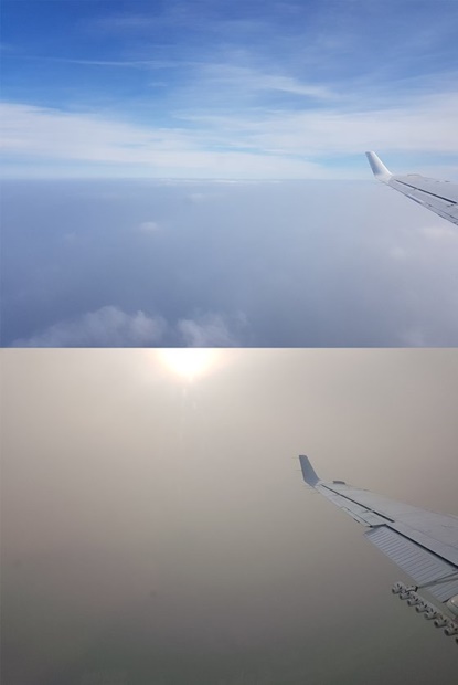 １４日、韓国気象庁の気象航空機から見た西海岸地域の粒子状物質。６００メートル以上の高度では青い澄んだ空が見えたが（上の写真）、低い高度では濃い粒子状物質が浮遊している様子が分かる。（写真提供＝国立気象科学院）