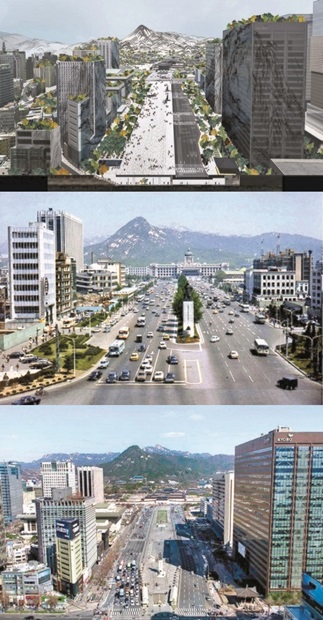 上からぞれぞれ２０２１年（イメージ図）と１９７４年、２００９年の光化門広場の様子（写真提供＝ソウル市）