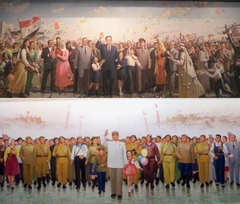 （上）エジプト軍事博物館に北朝鮮式宣伝画が飾られている。北朝鮮作家が製作したのだ。（下）北朝鮮祖国開放博物館に飾られている宣伝画。エジプト軍事博物館の作品と画風が似ている。（写真＝中央フォト）