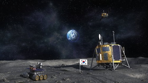 韓国の月探査船が月面に着陸した姿を想像したコンピューターグラフィックイメージ。政府は２０１８年２月に発表した第３次宇宙開発振興基本計画で、条件付きで２０３０年までに月着陸船を打ち上げると明らかにした。（写真航空宇宙研究院）