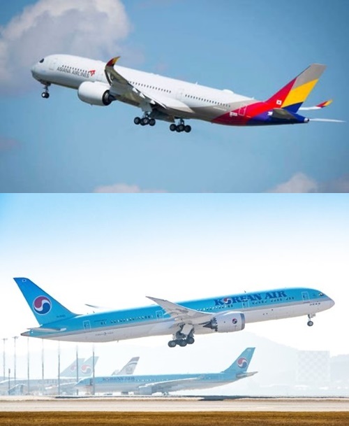 Ａ３５０（写真上＝アシアナ航空）、大韓航空の航空機（中央フォト）
