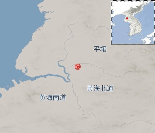 ２２～２３日、北朝鮮で発生した地震の地点。黄海北道松林から北東に１０キロ離れた地点だ。（資料＝韓国気象庁）