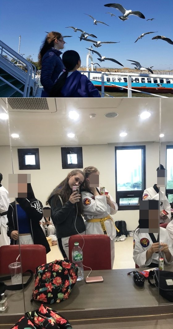 （上の写真）仁川信島に行くために船に乗るクレアさん。（下の写真）韓国語が堪能なクレアさんは韓国文化に愛情を持って韓国で働きたいという夢を育てている。［写真　クレア］