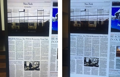 サムスン電子が用意したＱＬＥＤ　８Ｋテレビに映し出した新聞撮影の見本（左）とＬＧの有機ＥＬ８Ｋテレビに映し出された新聞撮影の見本（右）。キム・ヨンミン記者
