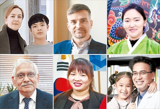 １１０カ国から帰化した「新しい韓国人」たちの顔と職業は多様だ。写真左上から時計回りにウミダさん（ウズベキスタン、医療コーディネーター）と息子、デビッド・リントンさん（米国、弁護士）、パク・アルムさん（モンゴル、多文化講師）、チョン・ジェハンさん（ネパール、医師）と娘、ト・ウンアさん（ベトナム、相談チーム長）、ロイ・アロック・クマルさん（インド、教授）。